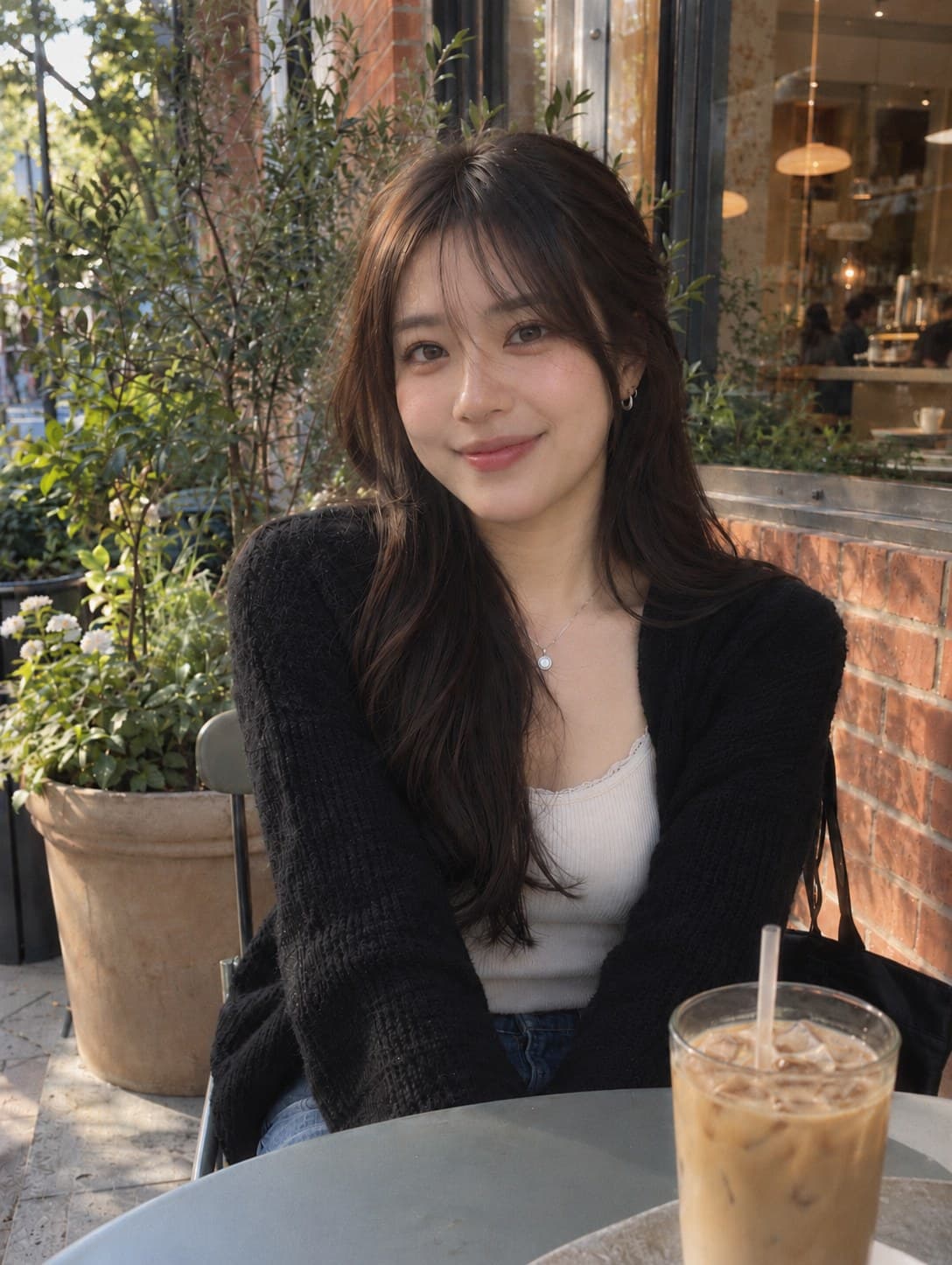 Olivia smiling at a café table with an iced latte